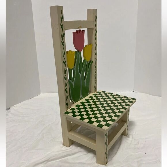 Vintage Hand Painted Wooden Doll Chair With Hand Carved Floral Cutout Design - Picture 8 of 9